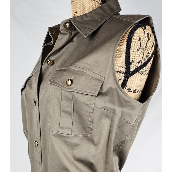 Lauren Ralph Lauren Khaki Utility Shirt Dress Belted Gold Buttons Midi Size 14 - Picture 11 of 16